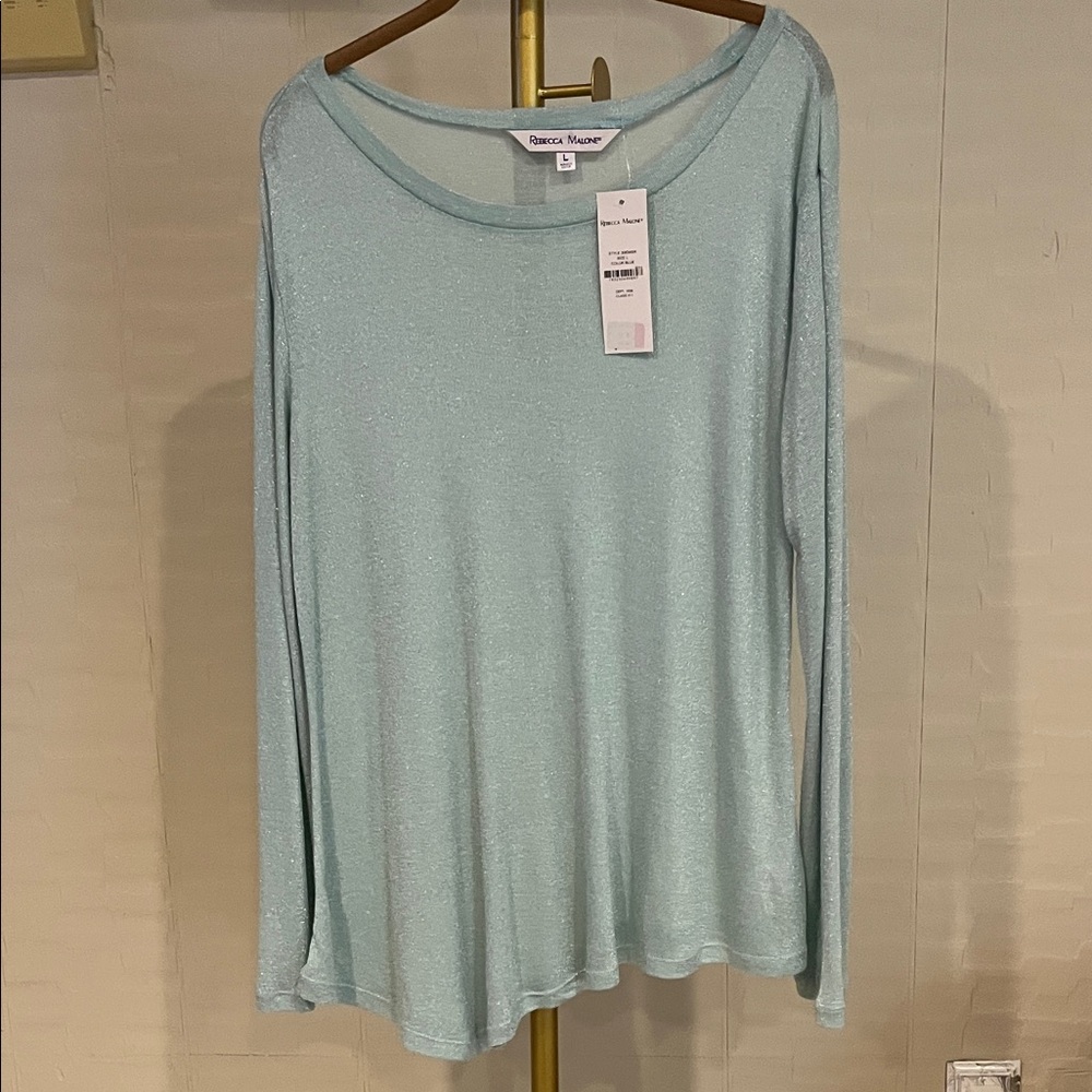 Renee C. Soft Aqua Long Sleeve asymmetrical glitter Top